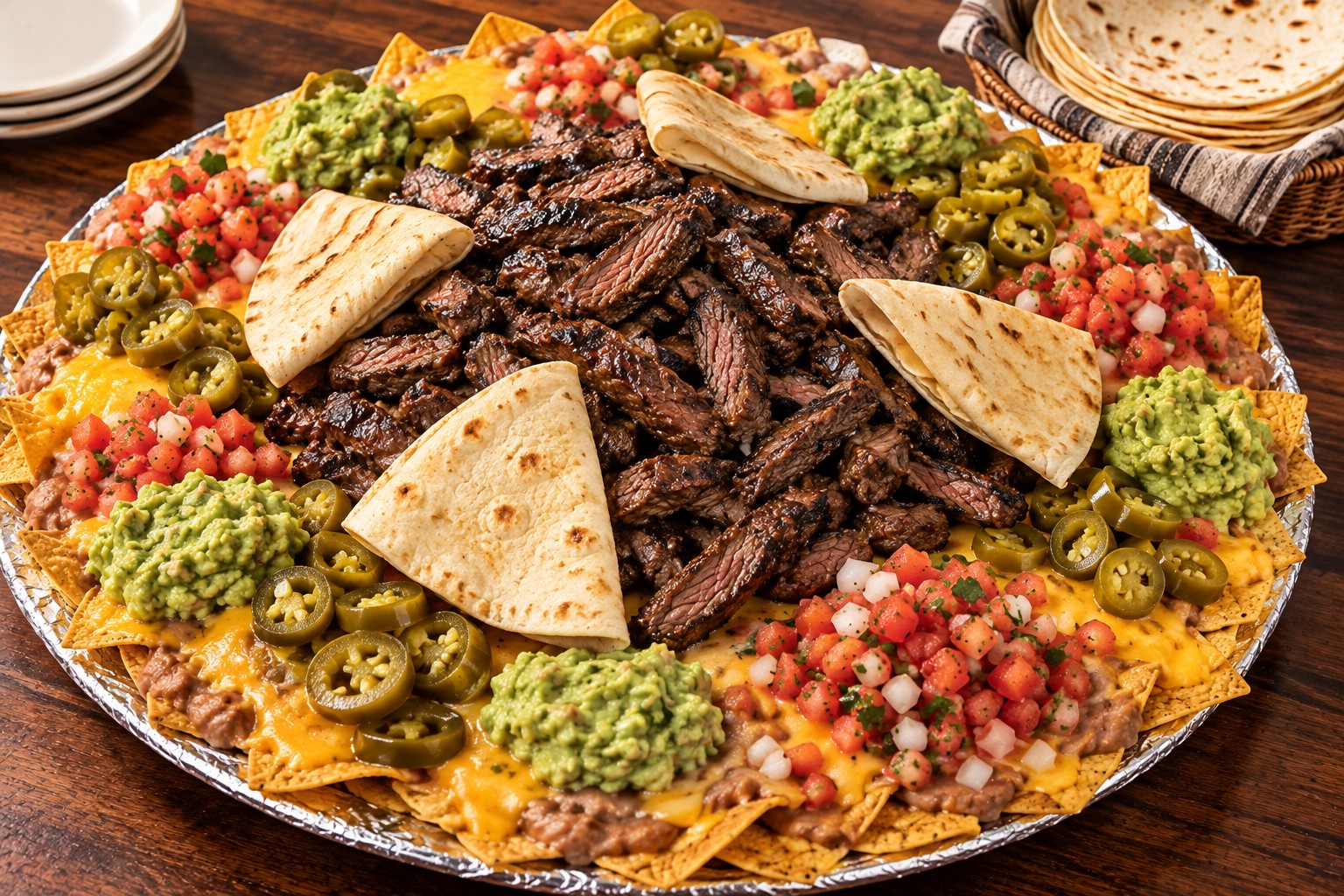 An enormous Round-Up-style fajita botana for four with a central mound of juicy skirt steak and a ring of cheesy bean nachos topped with pico de gallo, guacamole, and jalapeños