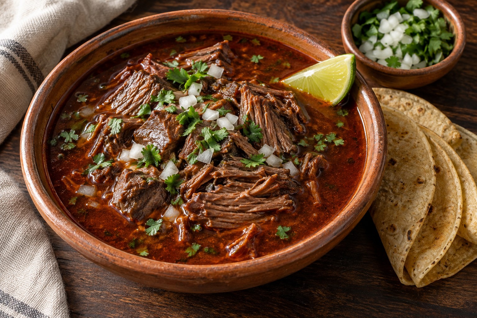Tender beef birria in brick-red chile consommé with diced white onion, cilantro, lime, and warm corn tortillas