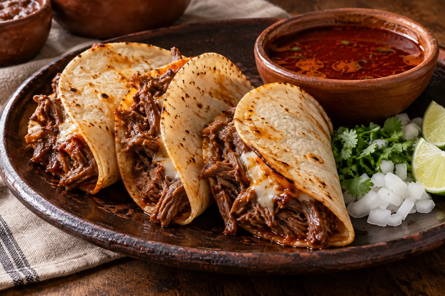 Three crisp-edged white-corn quesabirria tacos with juicy shredded beef and a little melted cheese, beside hot red consommé, onion, cilantro, and lime