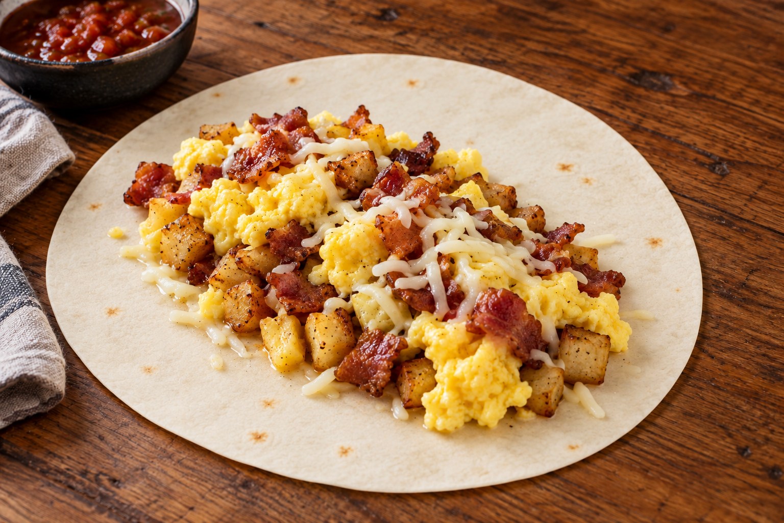 Open thin flour tortilla with cooked scrambled eggs, diced potatoes, bacon, and cheese ready to fold