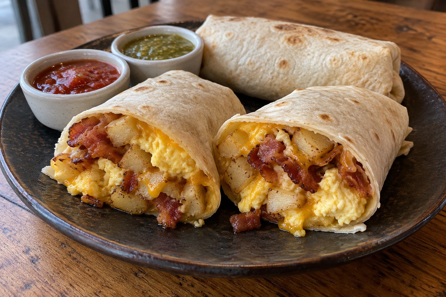 Two matching cut halves of a bacon, egg, potato, and cheddar burrito with a whole burrito and sauces behind