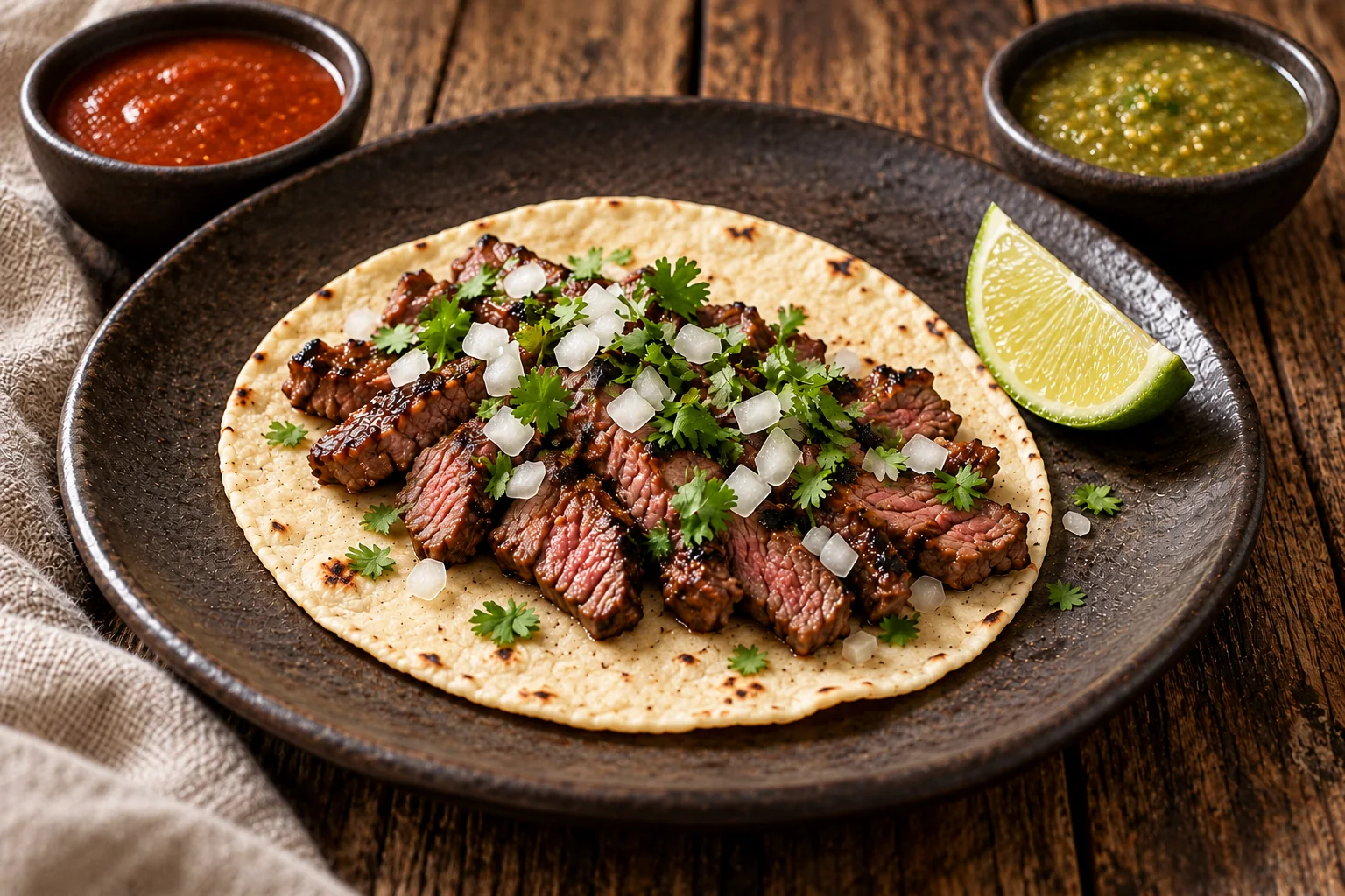 Grilled steak, white onion, and cilantro on a thin white-corn tortilla, with lime and separate bowls of red and green salsa.