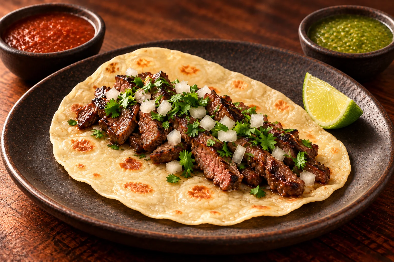 Grilled steak, white onion, and cilantro on a thin flour tortilla, with lime and separate bowls of red and green salsa.
