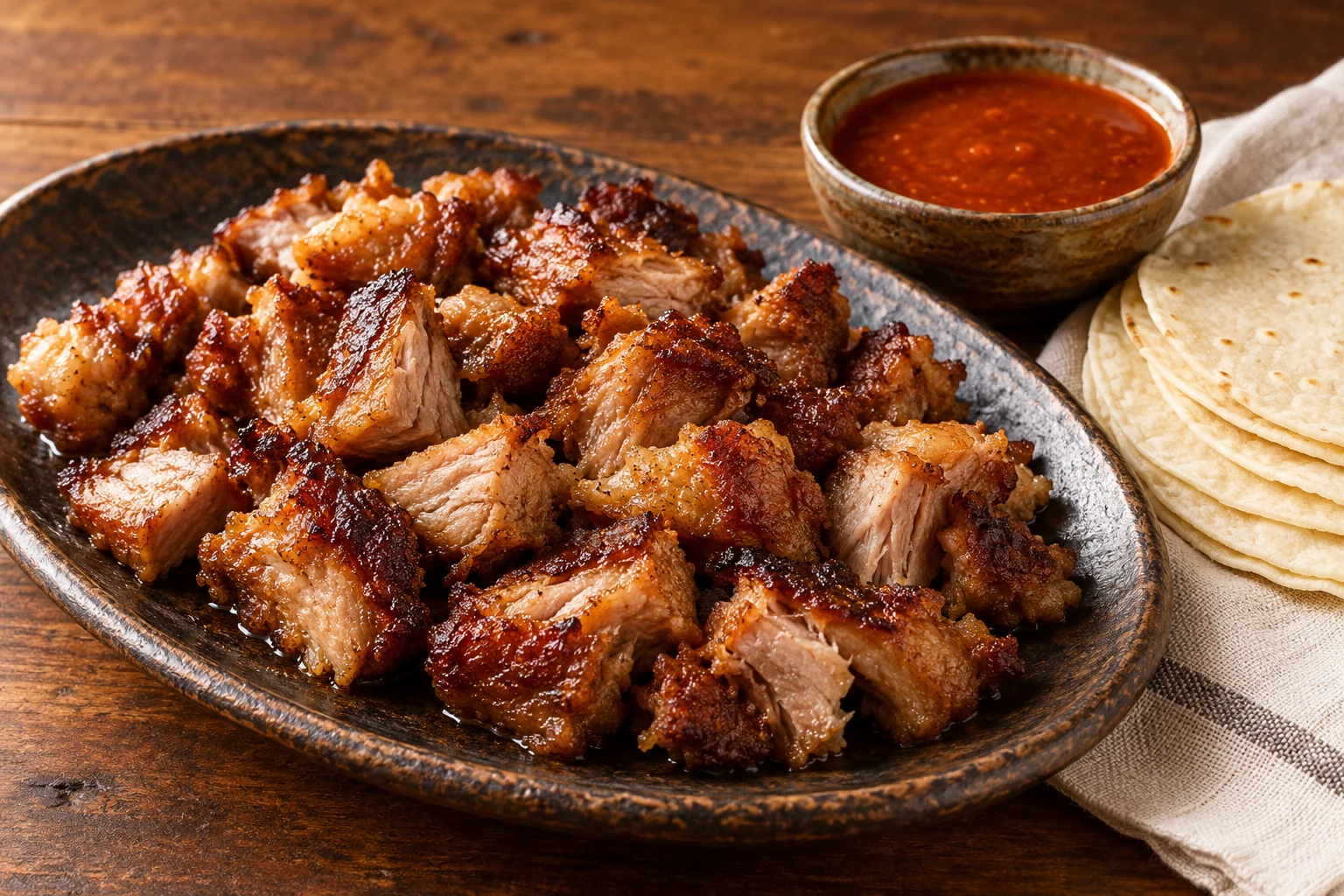 Browned bite-size carnitas on a dark ceramic platter with thin corn tortillas and red salsa on the side