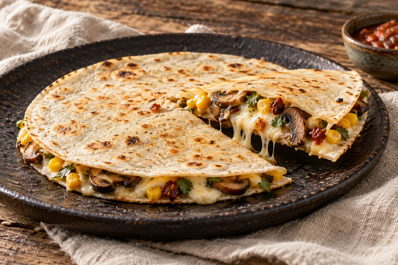 A thin white-corn tortilla cheese quesadilla cut into wedges, showing mushrooms, corn, chipotle, and melted cheese on a dark plate.