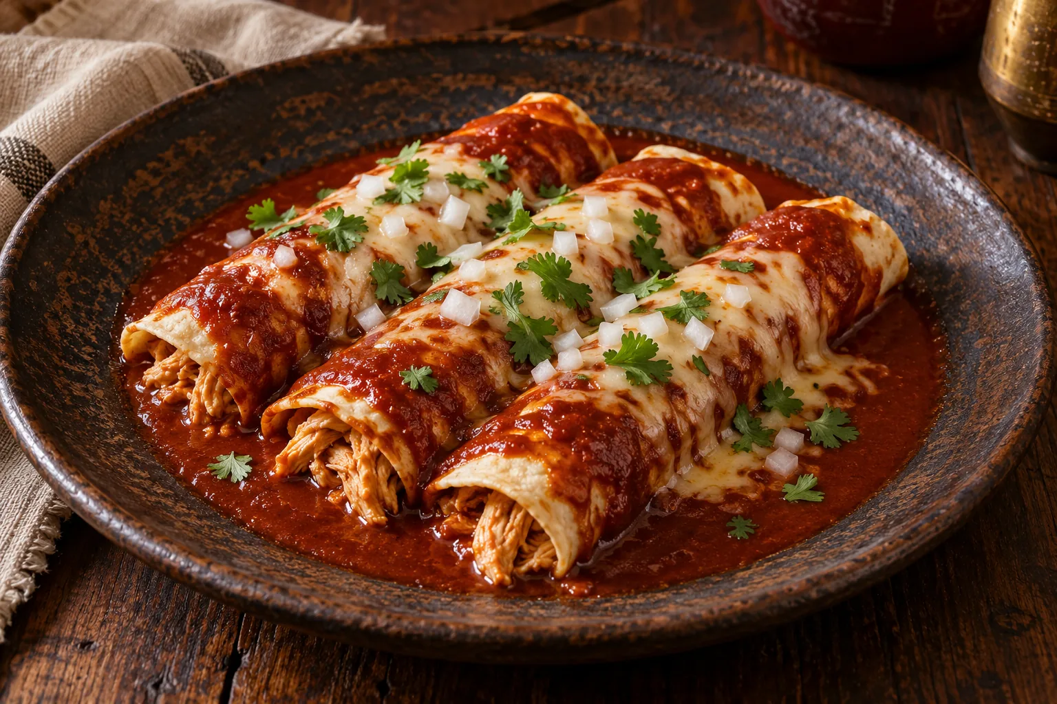 Three rolled chicken enchiladas in glossy red chile sauce on a dark earthenware plate, with a little melted cheese, diced white onion, and cilantro