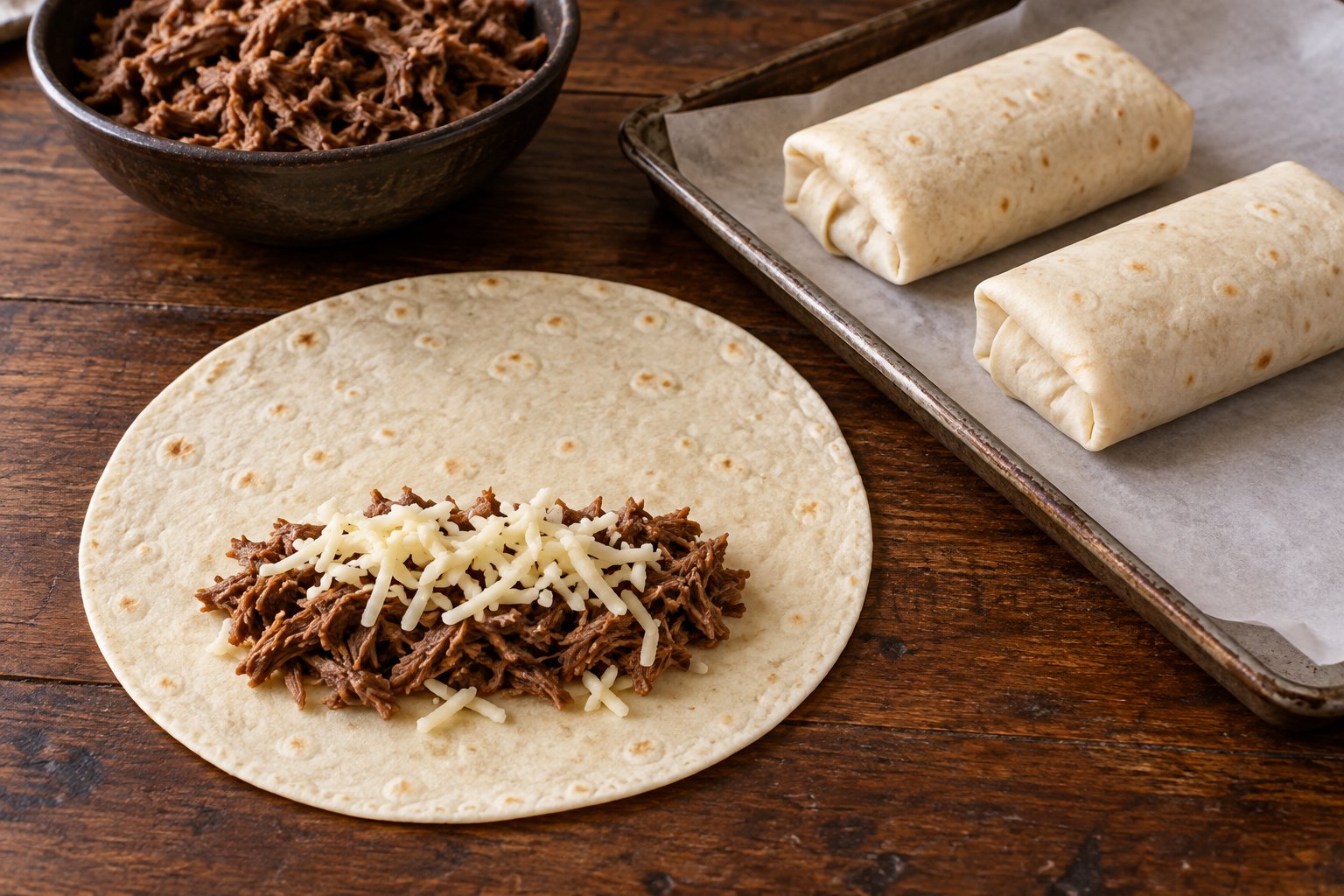 Thin flour tortilla filled with cooked shredded beef and Jack cheese beside two tightly folded unfried chimichangas