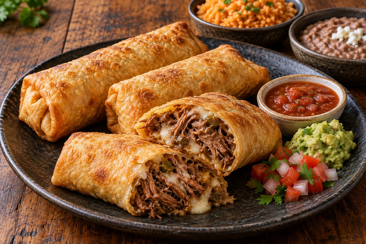 Golden shredded-beef chimichangas on dark ceramic, one cut open with cheese visible and salsa, pico de gallo, and guacamole alongside