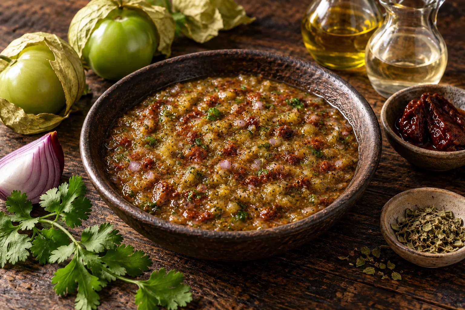 Finely textured broiled-tomatillo and chipotle salsa with tomatillos, red onion, cilantro, Mexican oregano, oil, and vinegar alongside
