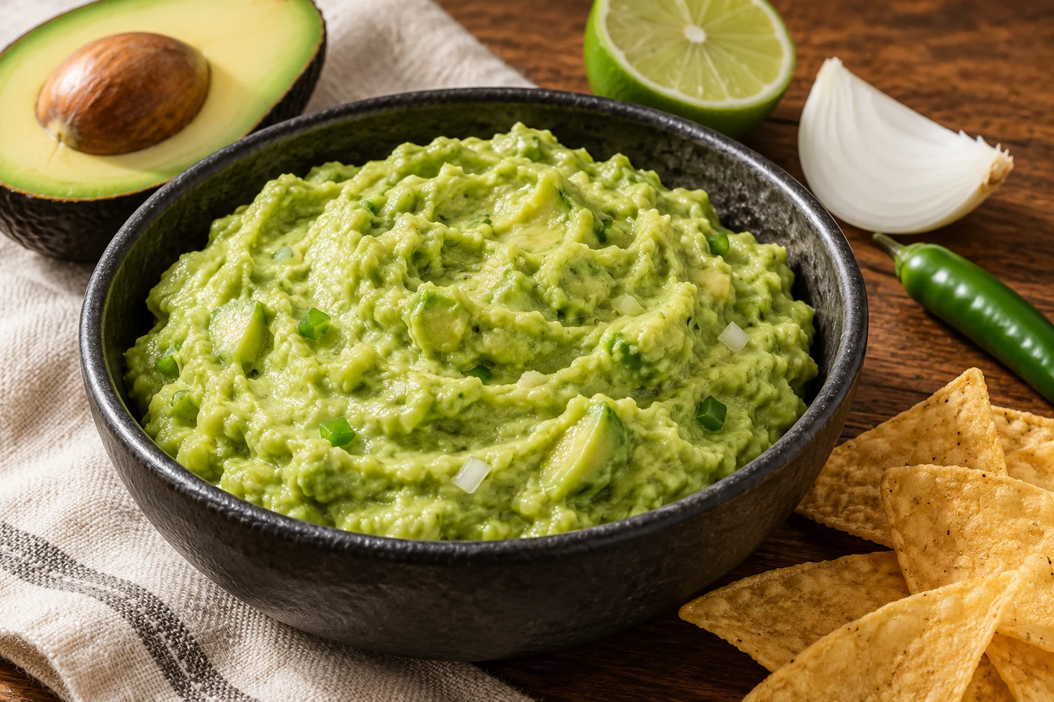 Mostly creamy hand-mashed guacamole in a dark ceramic bowl with a few avocado pieces, tiny flecks of onion and chile, and avocado and lime nearby