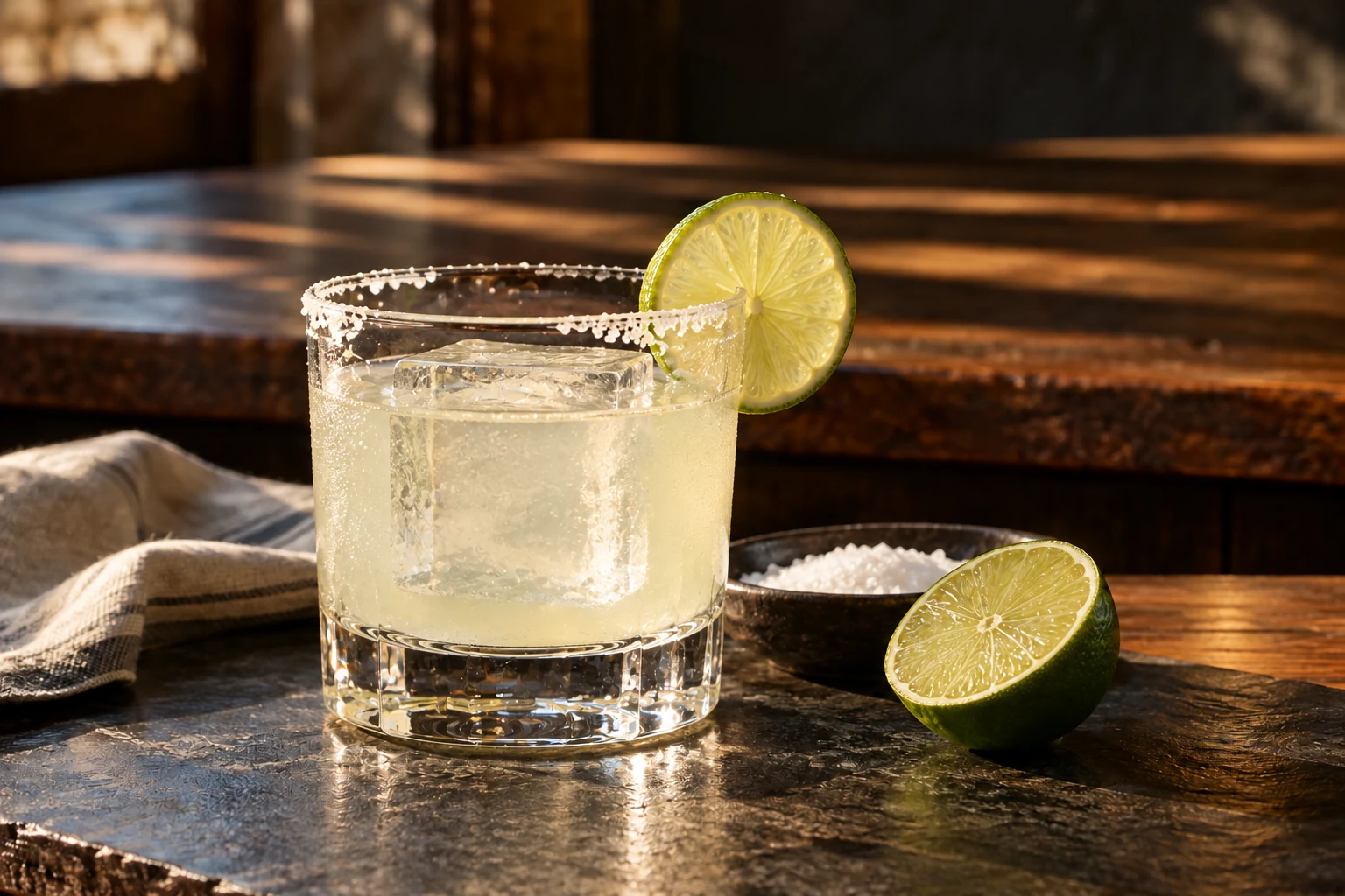 Fresh-lime margarita in a salted lowball glass over one large square ice cube, with lime and salt nearby