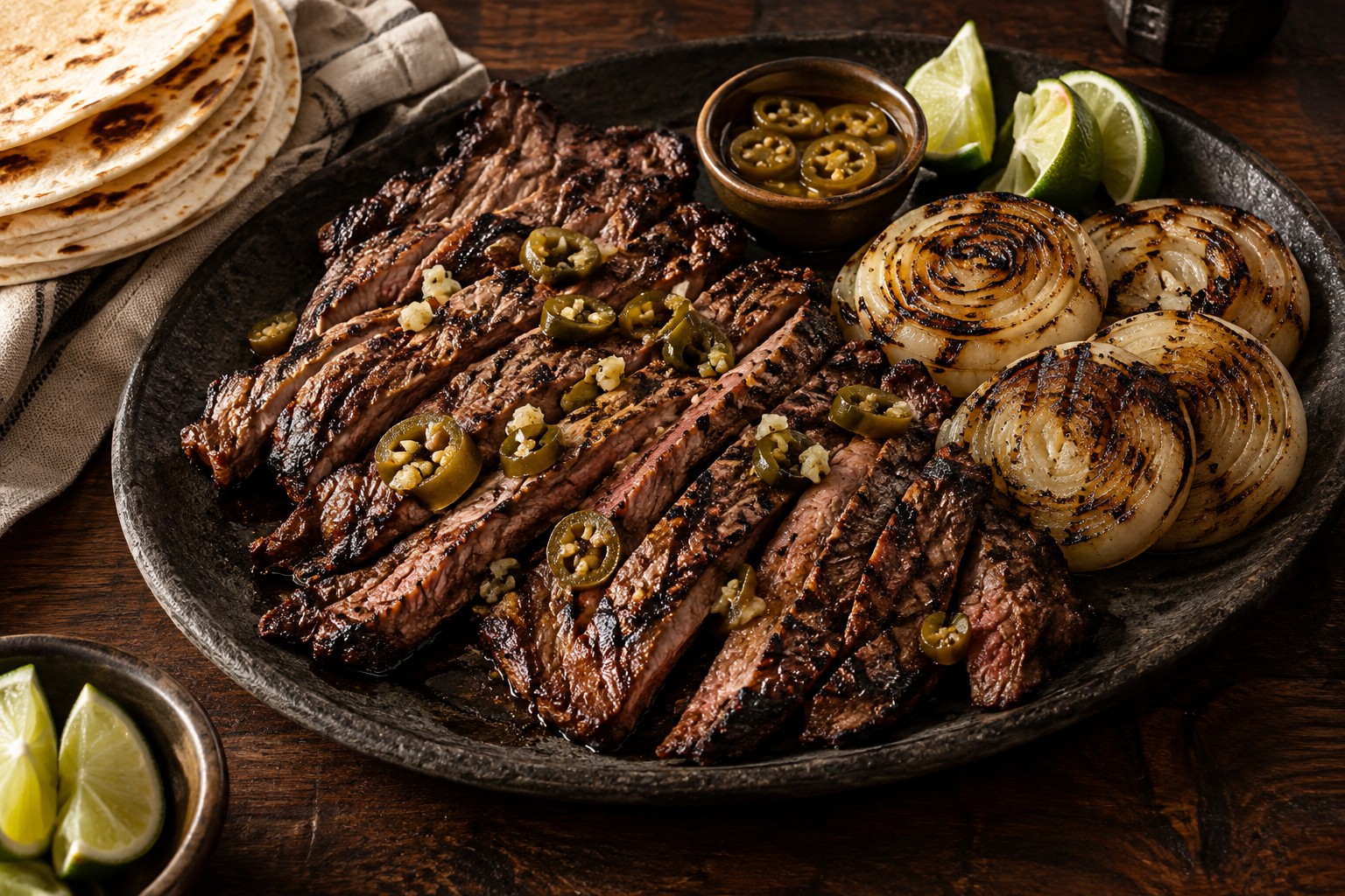 Charcoal-grilled skirt steak sliced across the grain with grilled onion rounds, lime, and warm flour tortillas