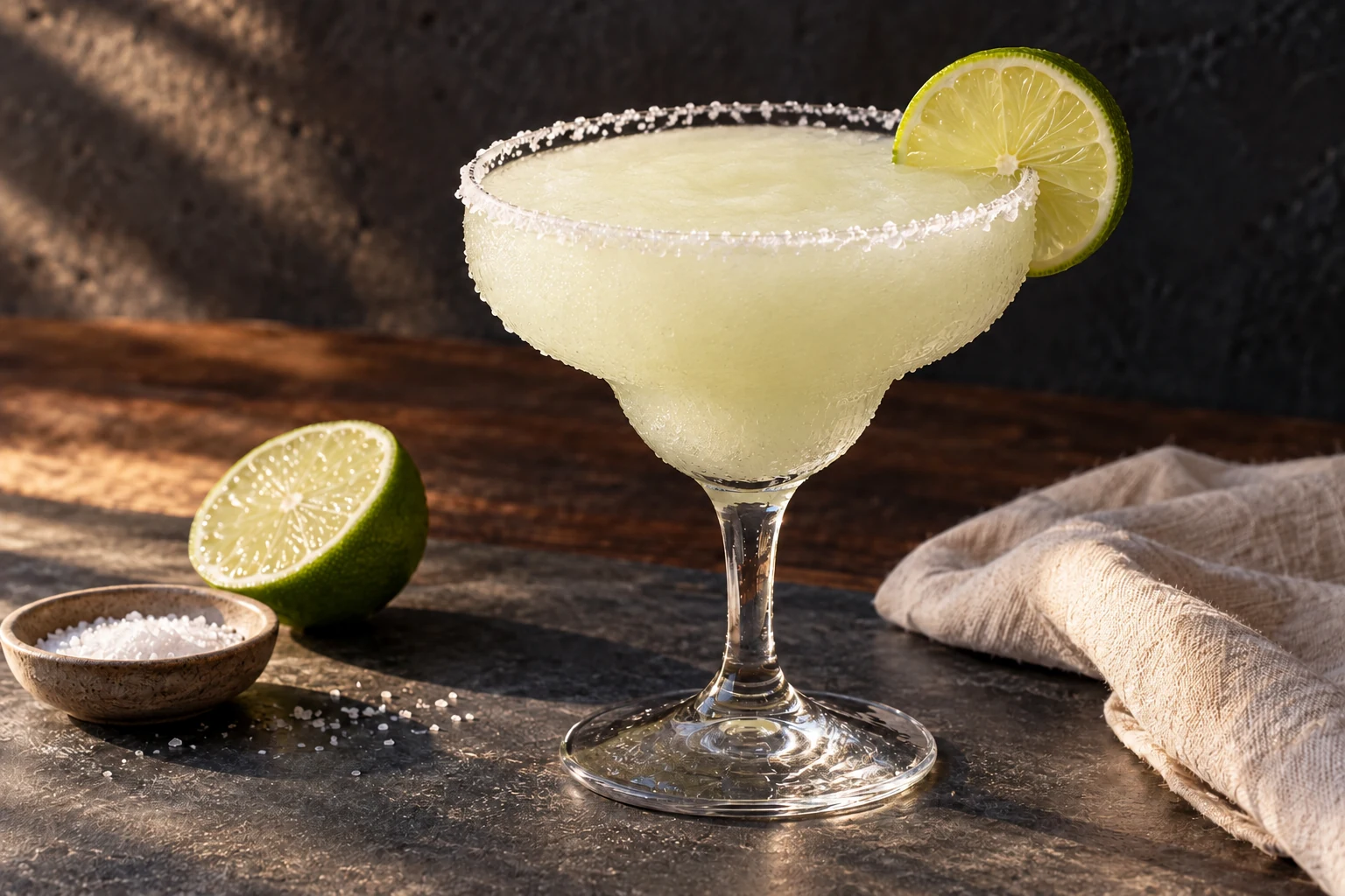 Smooth pale-lime frozen margarita in a salted stemmed glass, with cut lime and a small dish of salt nearby