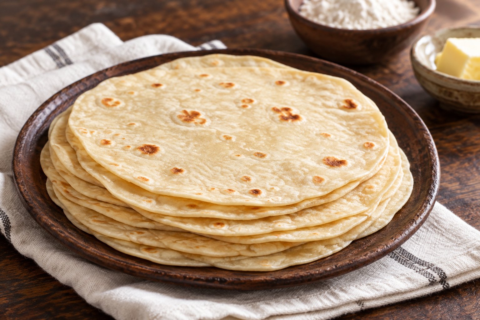 A close stack of thin, pale flour tortillas with flat edges on a dark ceramic plate
