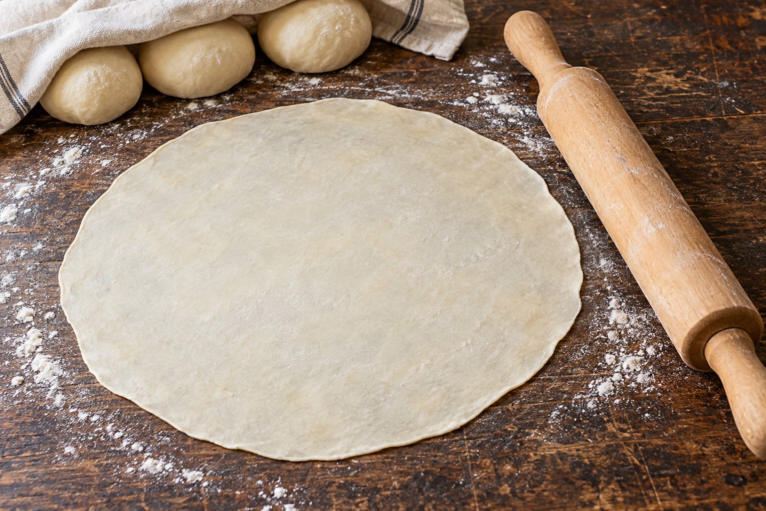 A thin round of flour-tortilla dough rolled on wood beside a rolling pin and covered dough balls