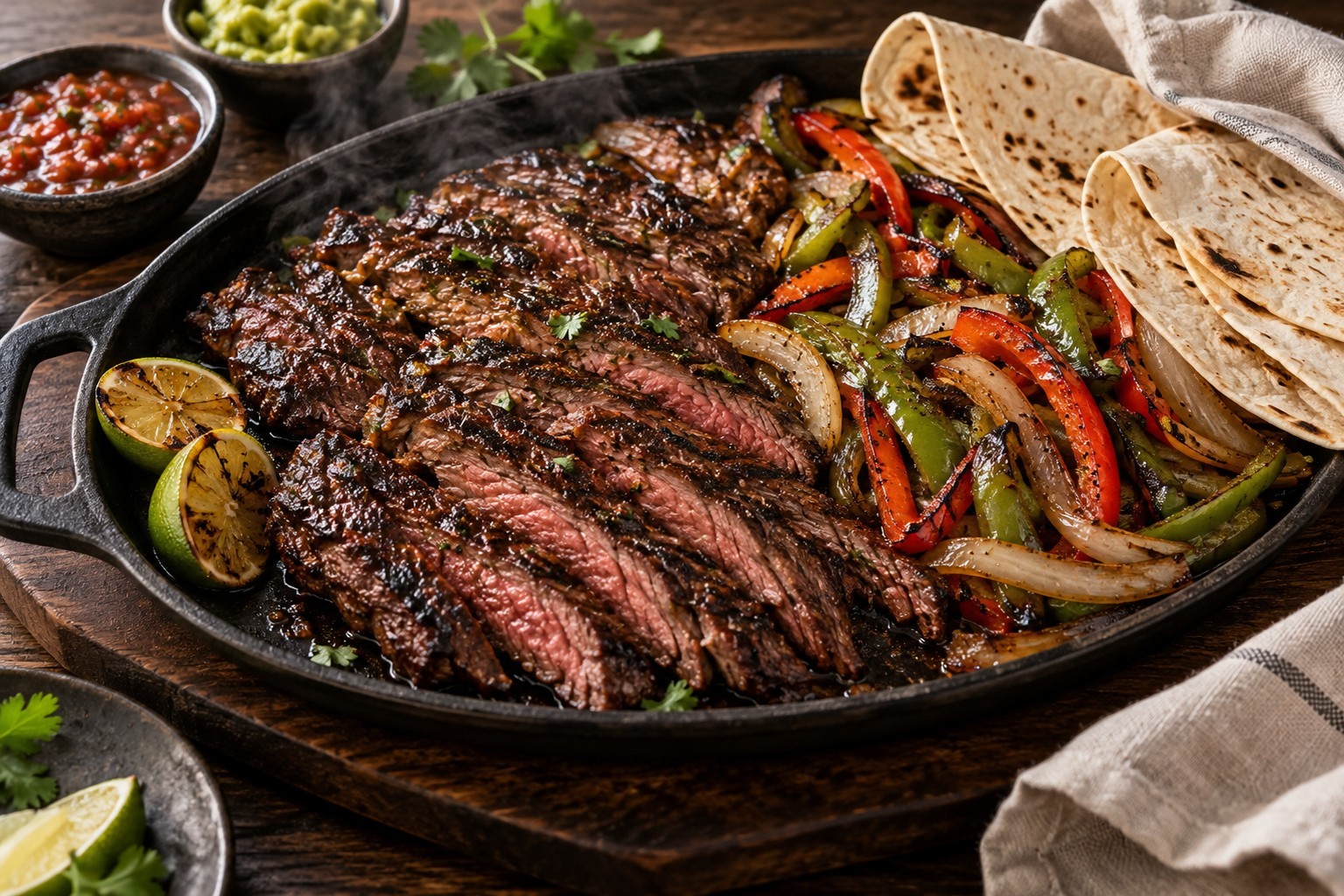 Lime-molasses skirt steak fajitas with peppers and onions
