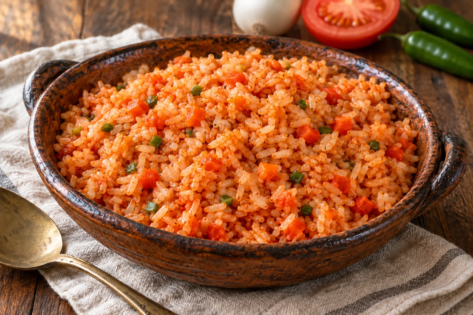 Lightly glossy tomato-red Mexican rice with small carrot, onion, and serrano pieces in a dark earthenware bowl