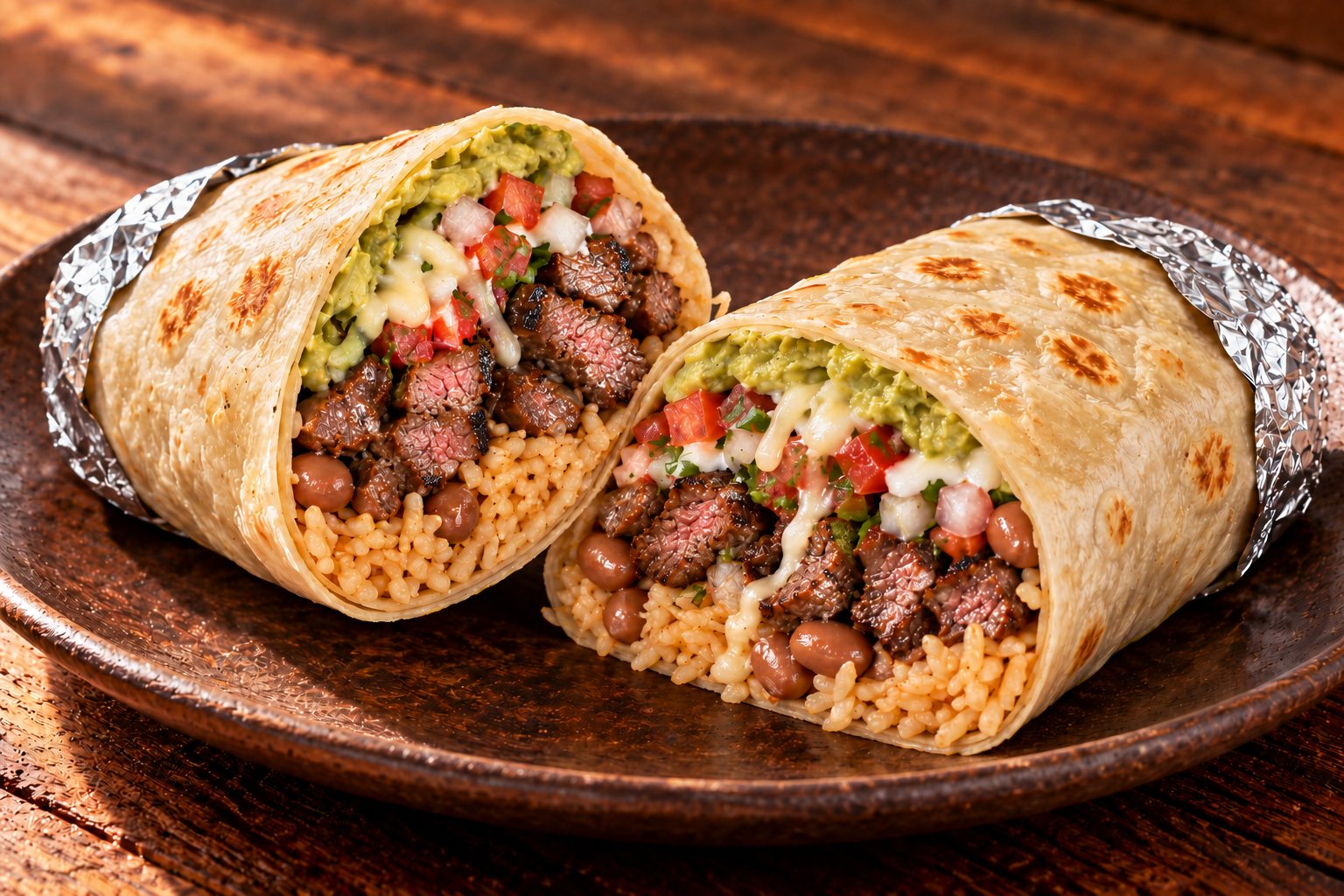 A large foil-wrapped carne asada burrito cut in half to show rice, whole pinto beans, pico de gallo, avocado, cheese, and crema in a thin flour tortilla.