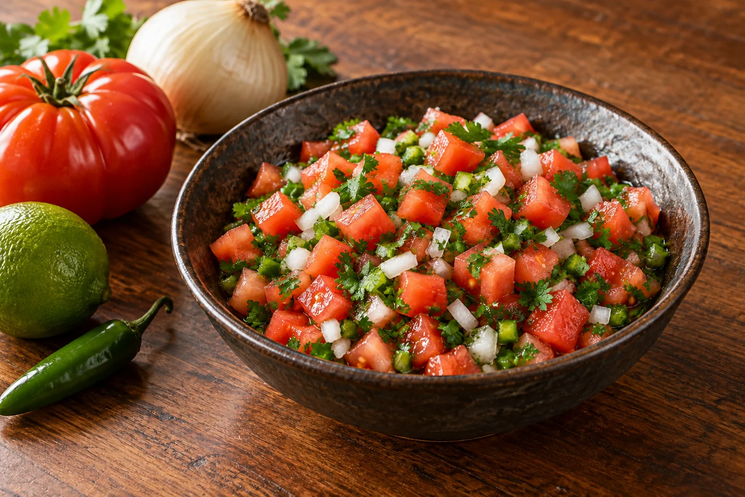 Chopped red tomatoes, white onion, green chile, and cilantro in a dark ceramic bowl