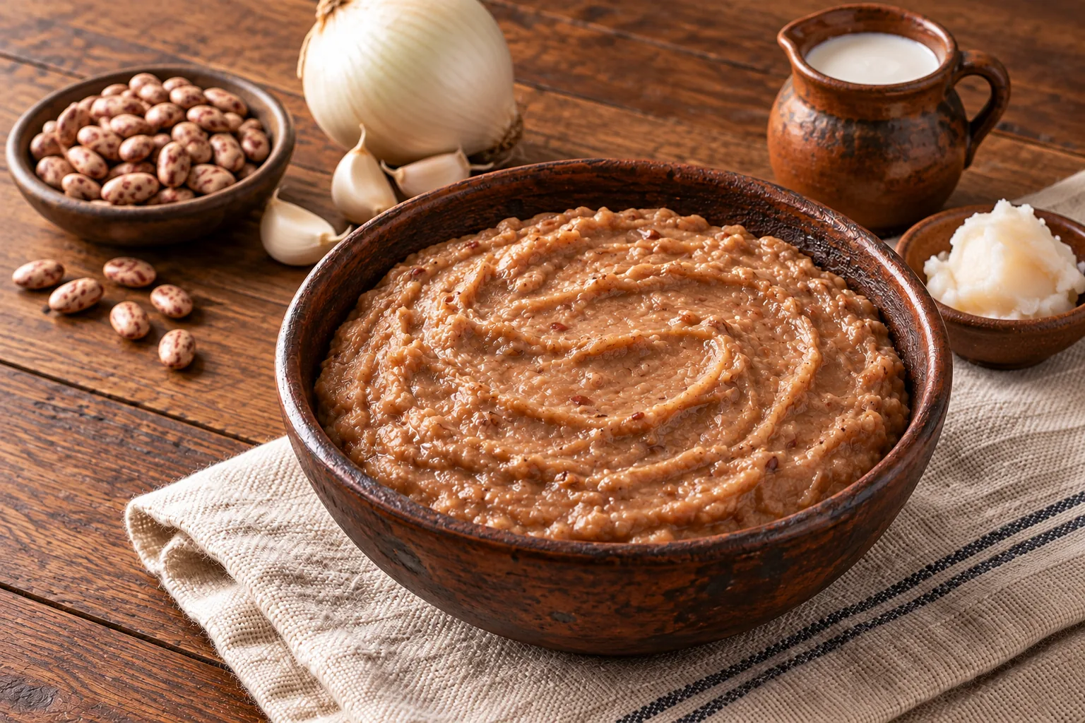Smooth refried pinto beans with onion, garlic, dry pinto beans, cream, and lard arranged around the bowl