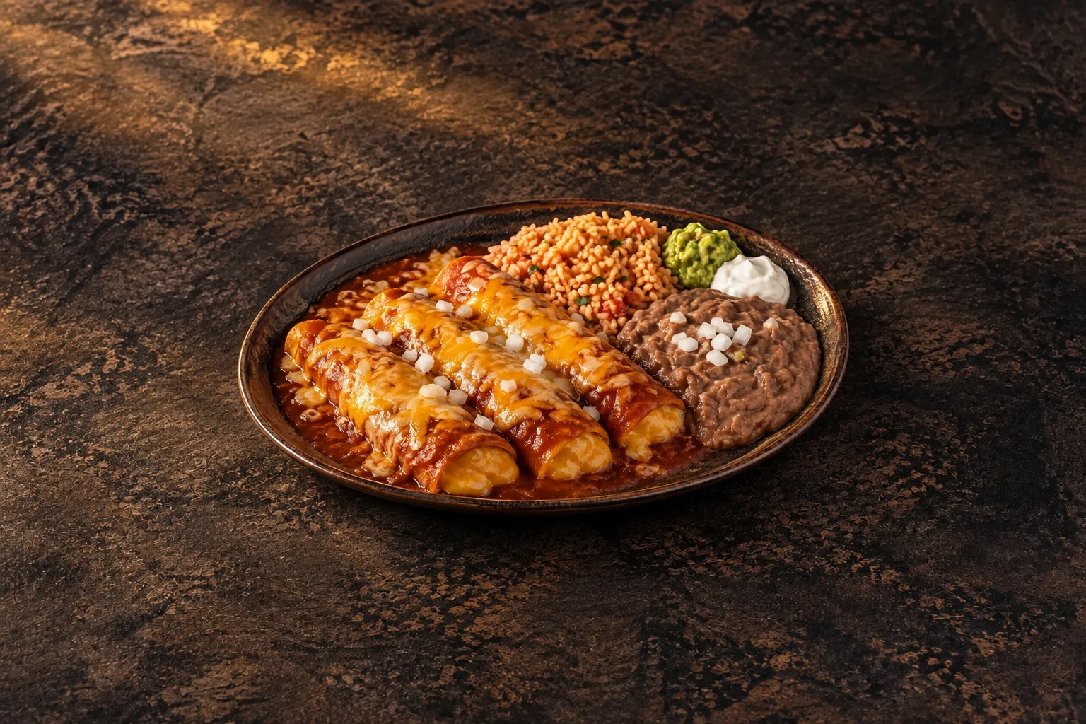Three rolled cheese enchiladas in red chile sauce on a dark plate, with rice and refried beans alongside.