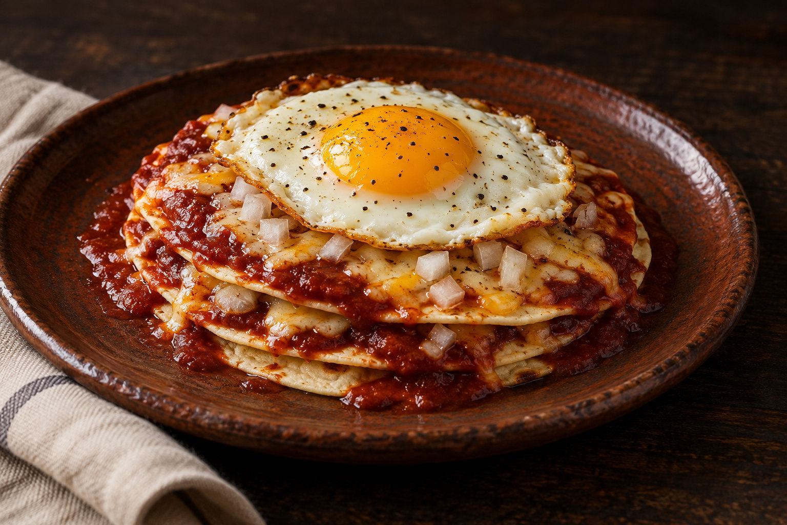 Three flat white-corn tortillas layered with red chile sauce, cheese, and onion, topped with one fried egg on a dark earthenware plate.