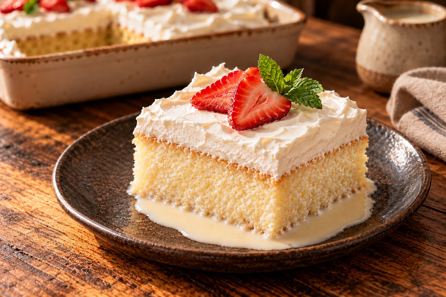 A moist slice of tres leches cake with whipped cream, strawberry, mint, and a little milk soak on a dark plate
