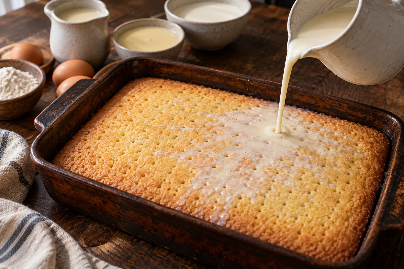 Three-milk mixture poured onto a baked vanilla sponge in a rectangular dish