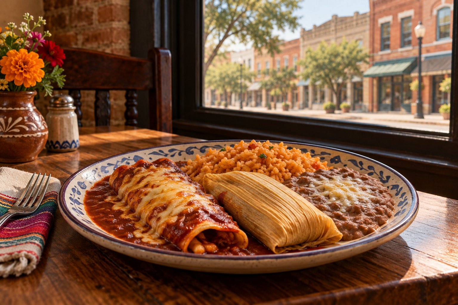 Illustrated Dallas restaurant table with enchilada, tamale, rice, and beans