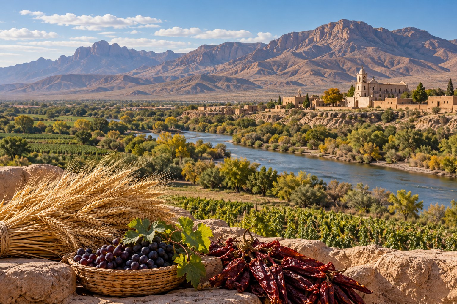 Illustrated Rio Grande valley with desert mountains, fields, grapes, and chiles