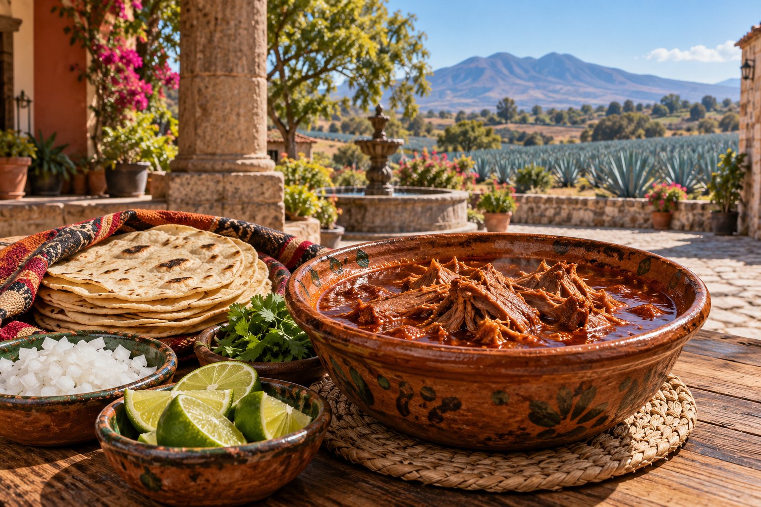 Illustrated Jalisco table with birria in a clay bowl, tortillas, and agave fields beyond