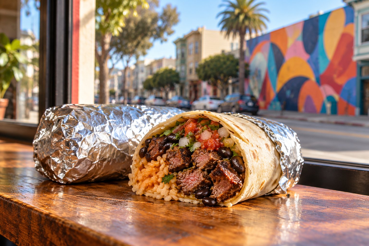 Illustrated Mission District taqueria table with a foil-wrapped steak burrito