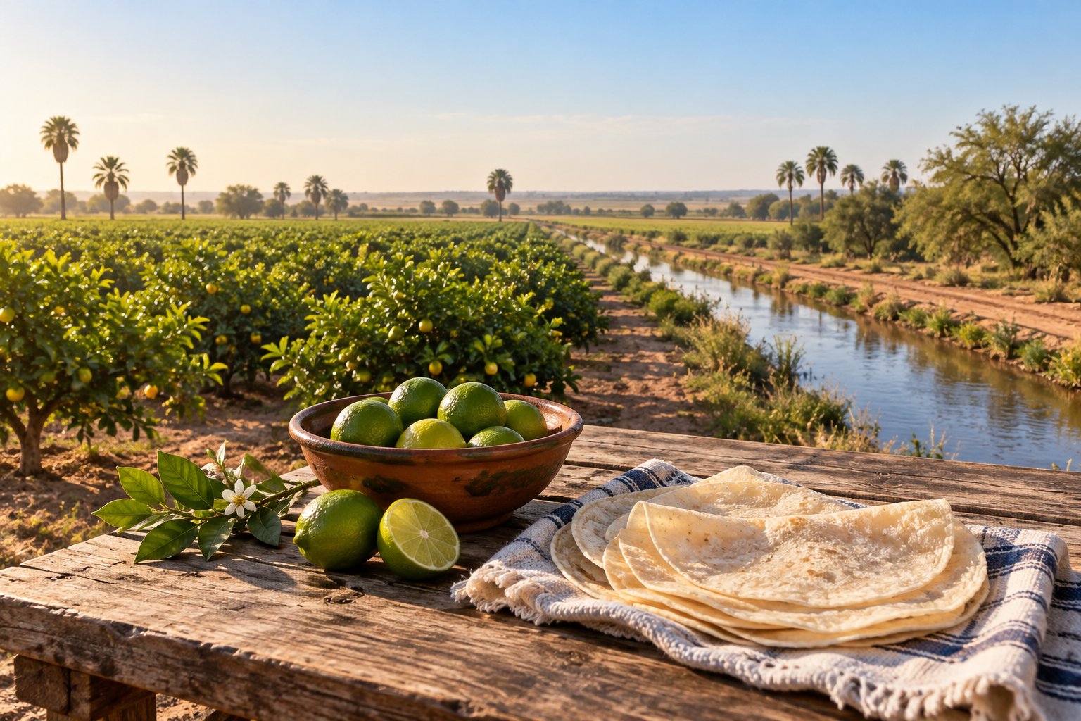 Illustrated flat Rio Grande Valley citrus groves and irrigation channel