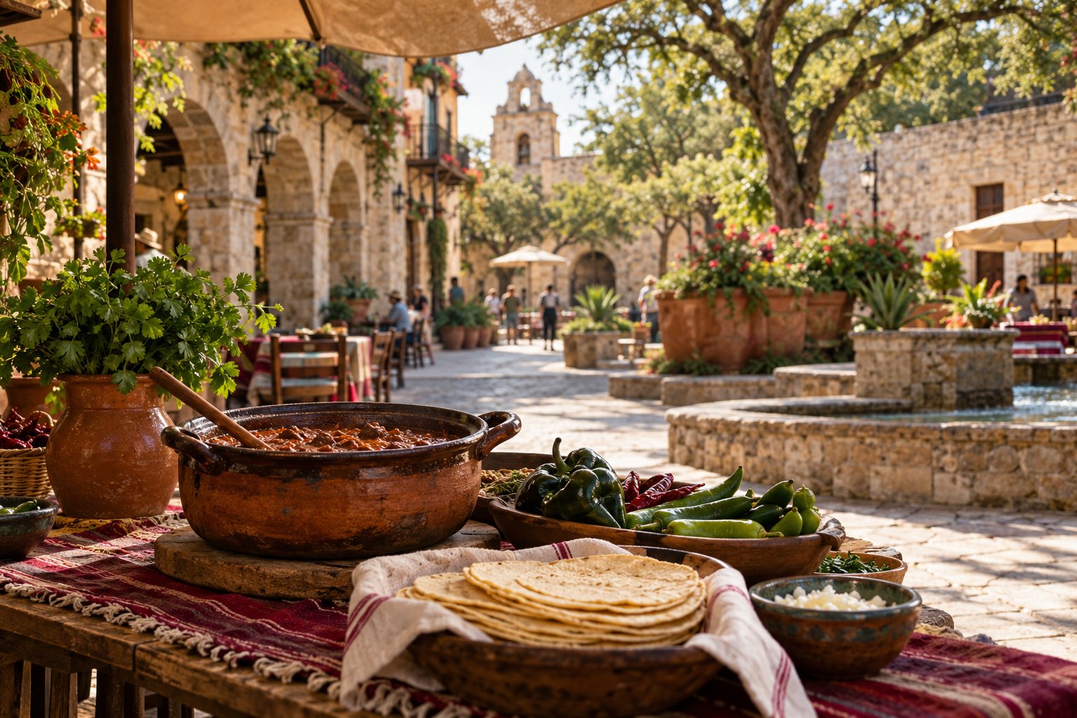Illustrated San Antonio plaza table with chile, tortillas, and chiles
