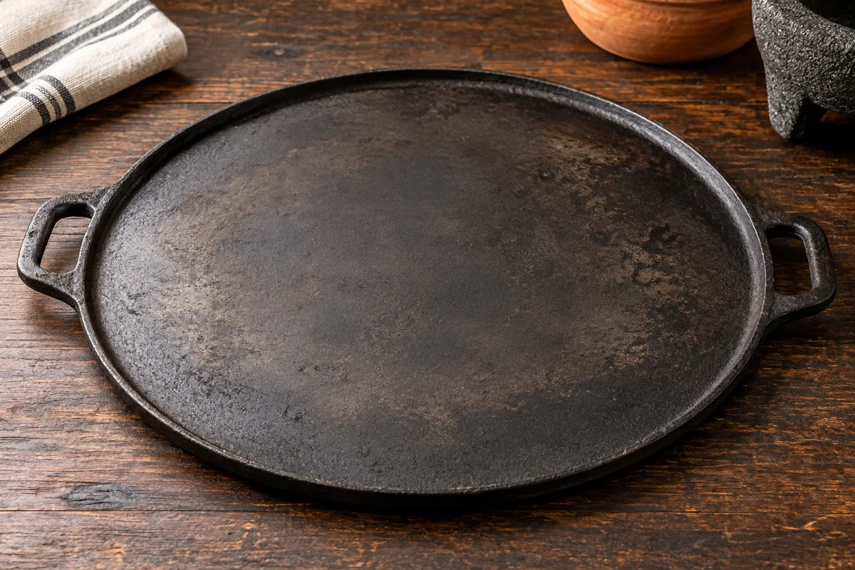 A broad round cast-iron comal griddle with two side handles on a dark wood worktable
