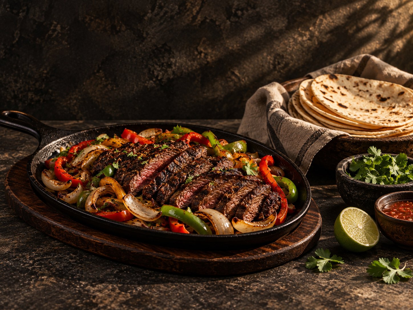Sliced grilled beef fajitas with seared onions and peppers in a cast-iron platter