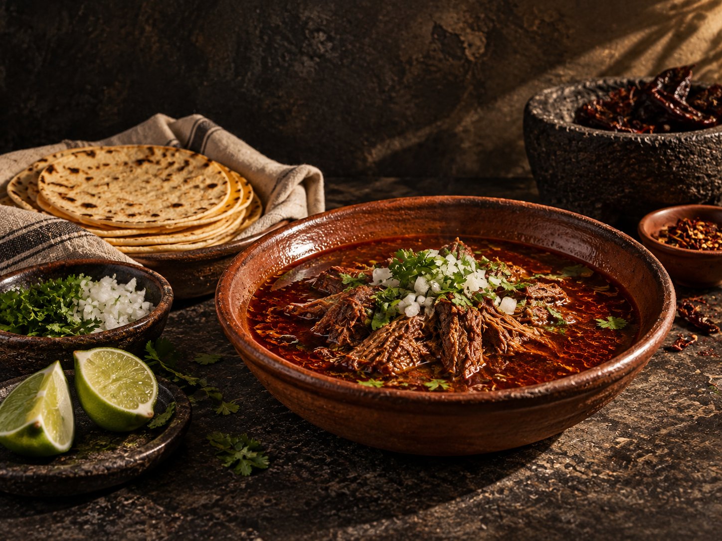 Birria de res in red chile consome with onion, cilantro, lime, and corn tortillas