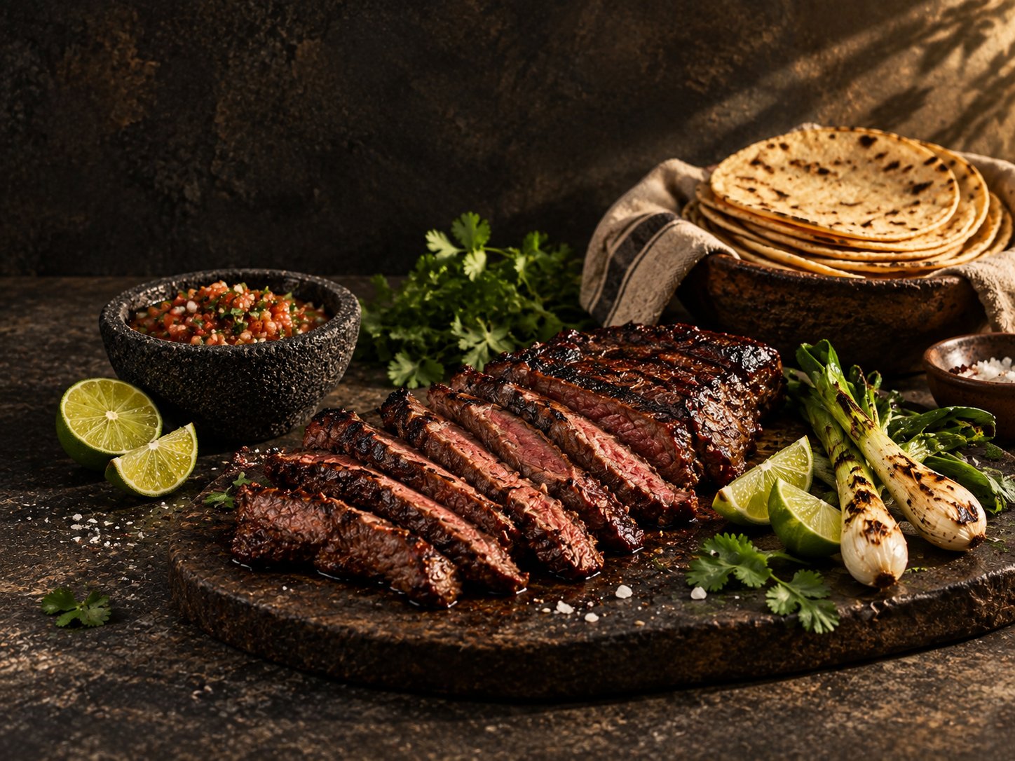 Charcoal-grilled carne asada sliced across the grain with lime, salsa, and tortillas