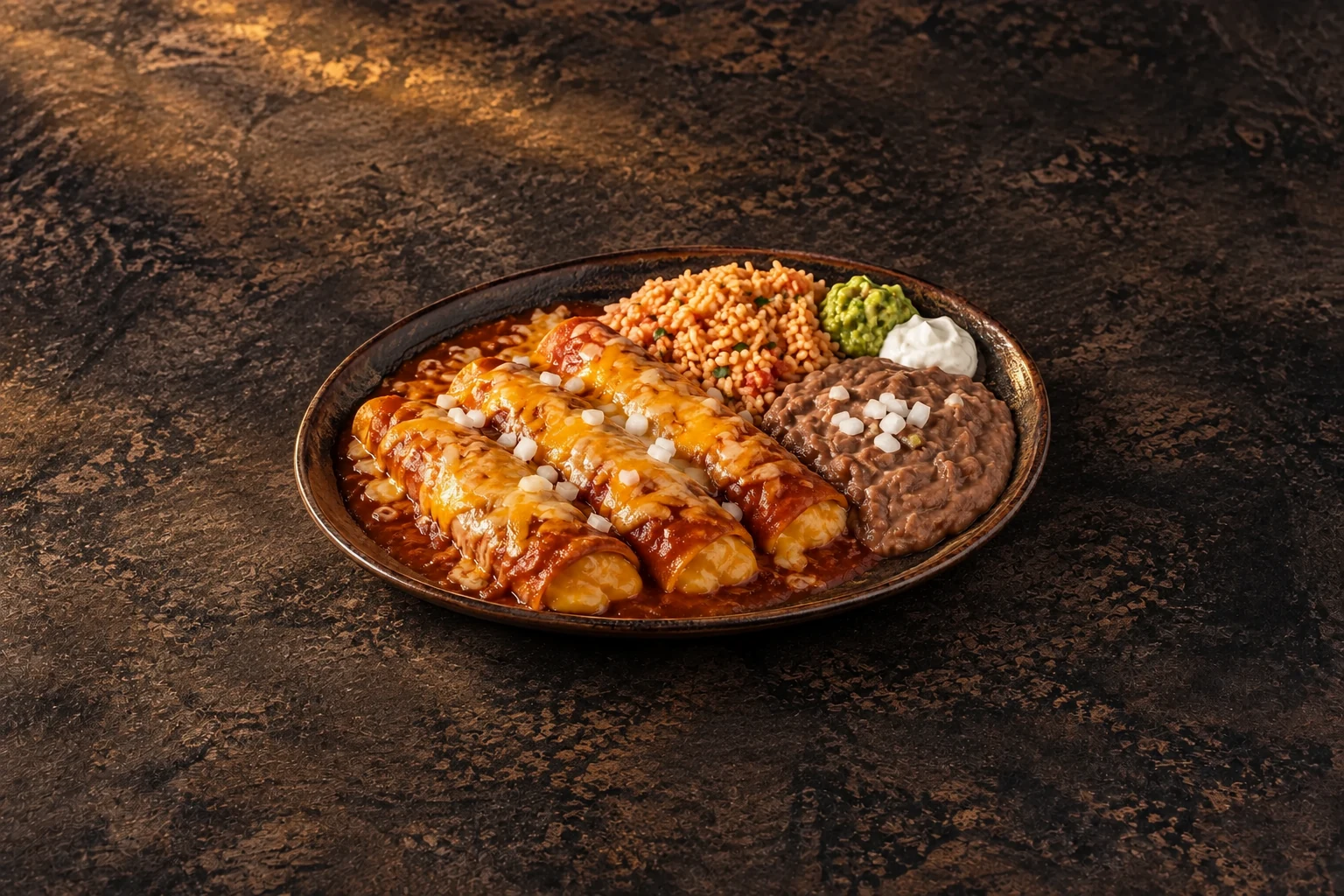 Three cheese enchiladas under chile gravy and melted cheese, with Mexican rice and refried beans