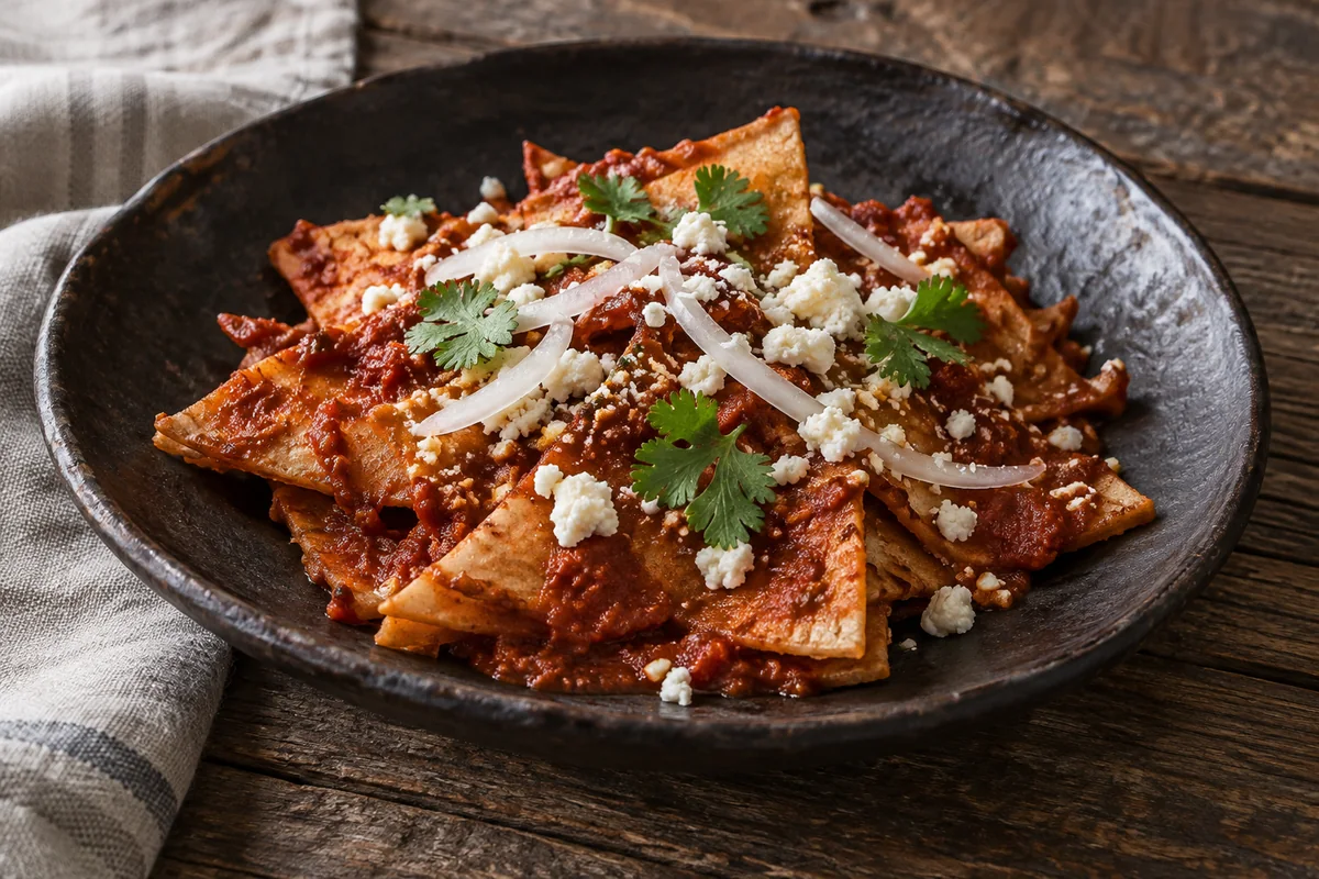 Red-salsa chilaquiles with queso fresco, white onion, and cilantro