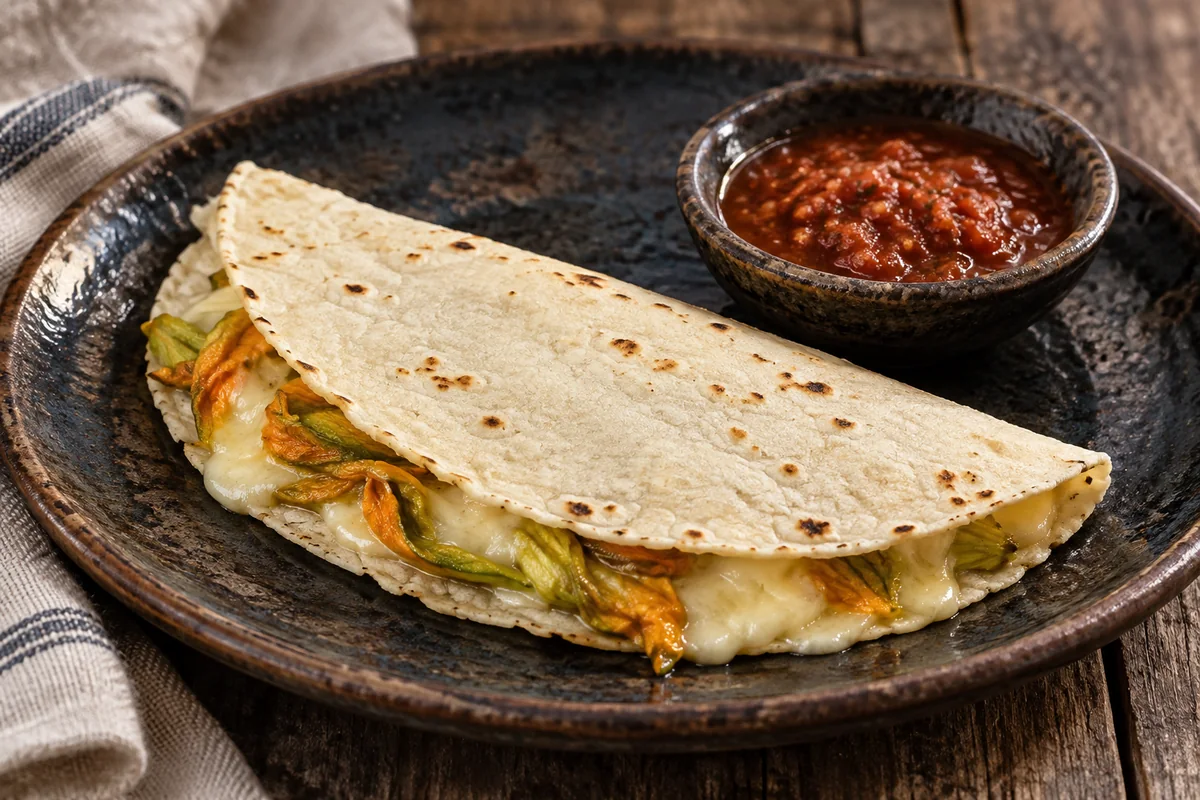 A folded white-corn quesadilla with melted white cheese and squash blossom on dark ceramic