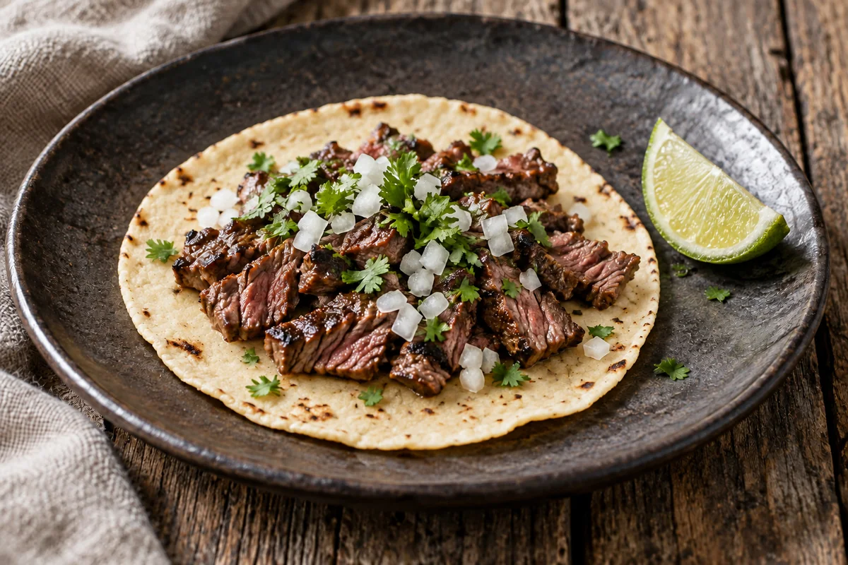 One open white-corn tortilla taco with grilled skirt steak, diced white onion, cilantro, and lime