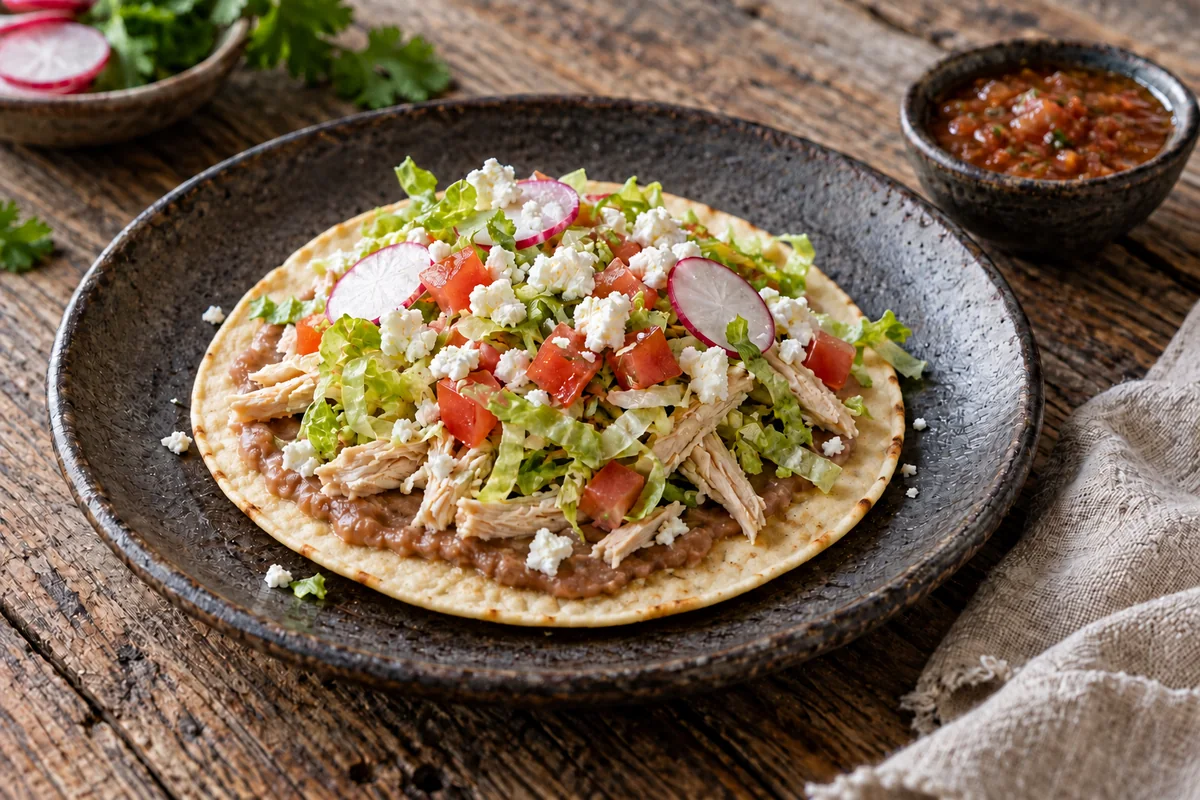 Flat crisp white-corn tostada with beans, chicken, lettuce, tomato, and queso fresco