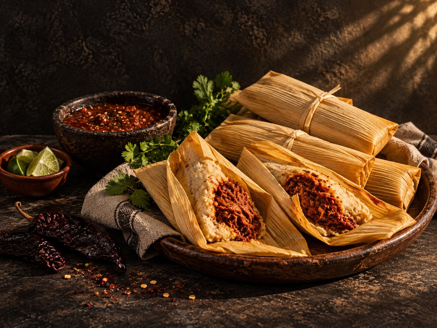 Corn-husk tamales opened to show tender masa and red chile meat filling