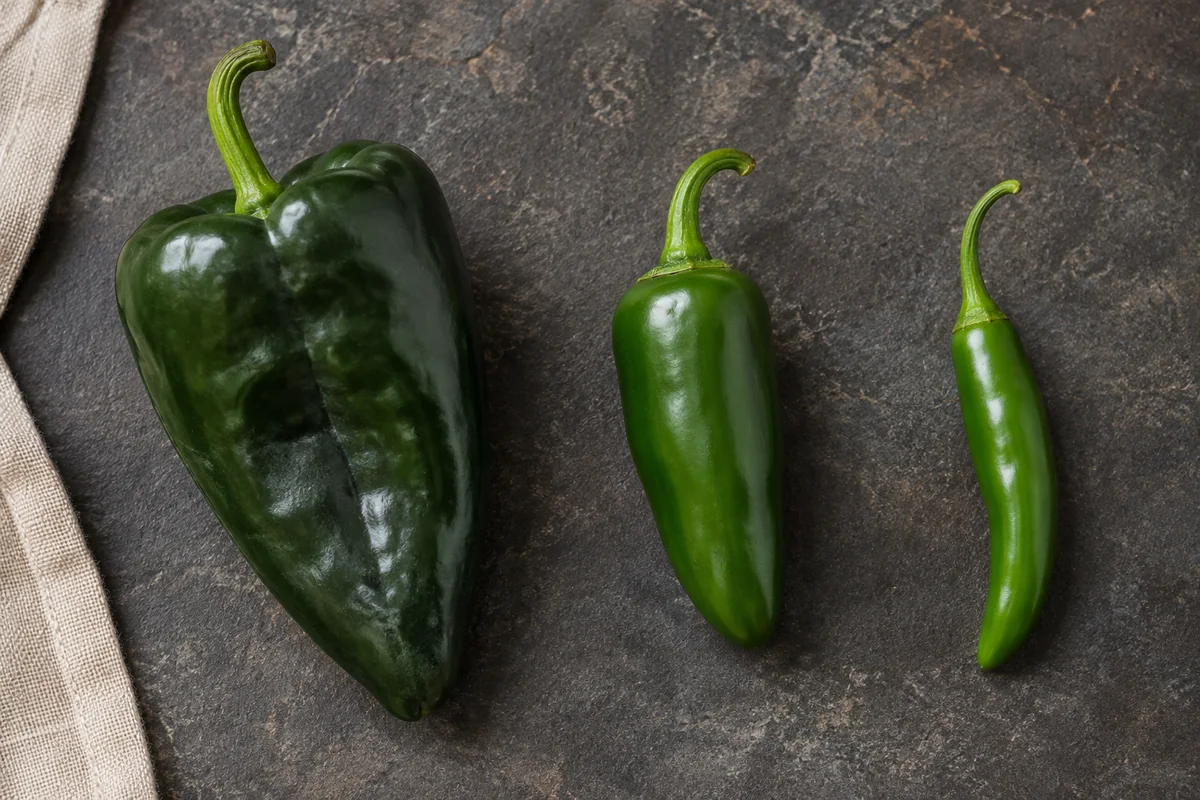 A broad dark-green poblano, a smaller jalapeño, and a slender serrano shown separately on dark stone