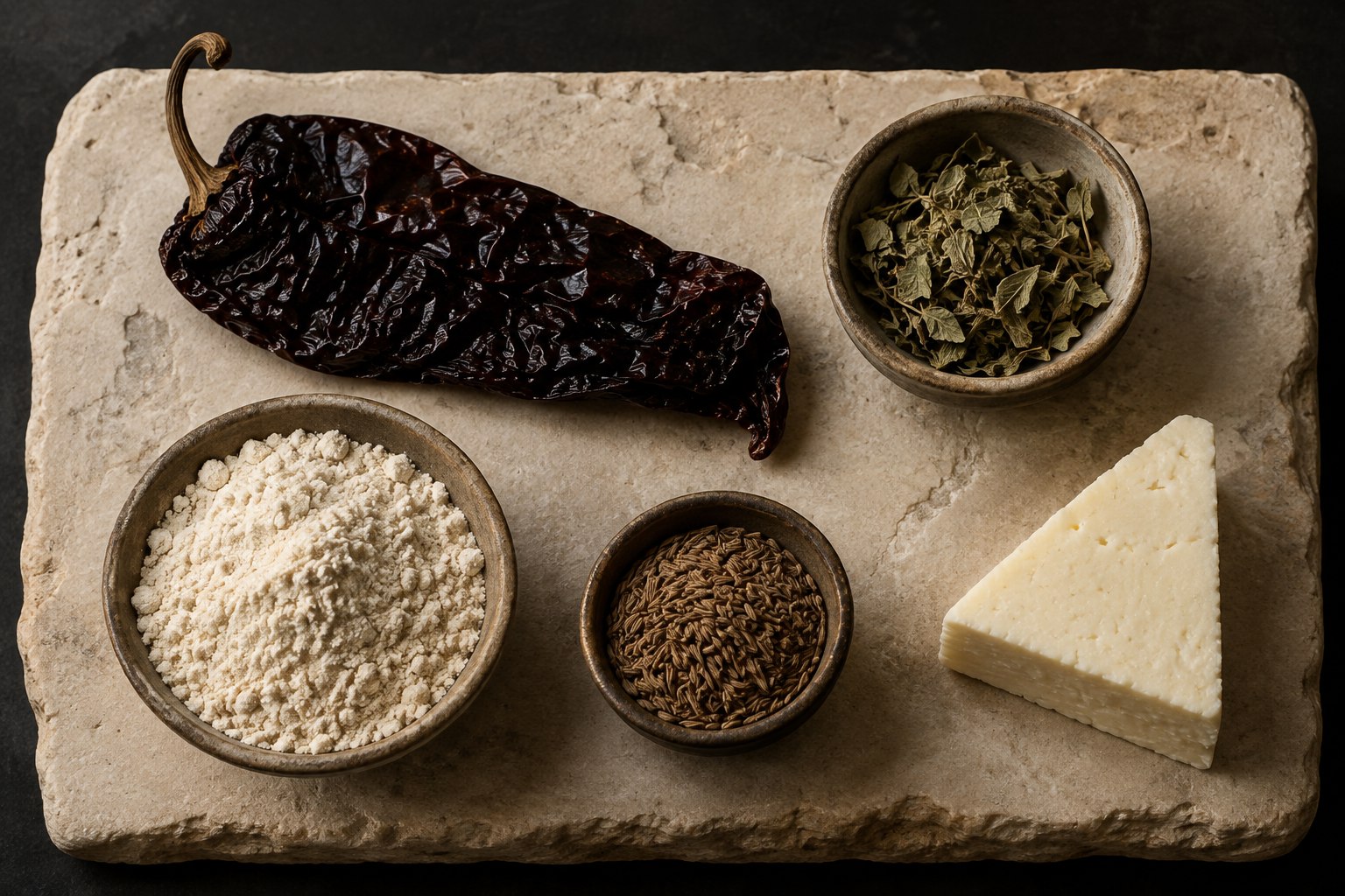 Ancho chile, masa harina, cumin, Mexican oregano, and cheese presented as individual culinary specimens