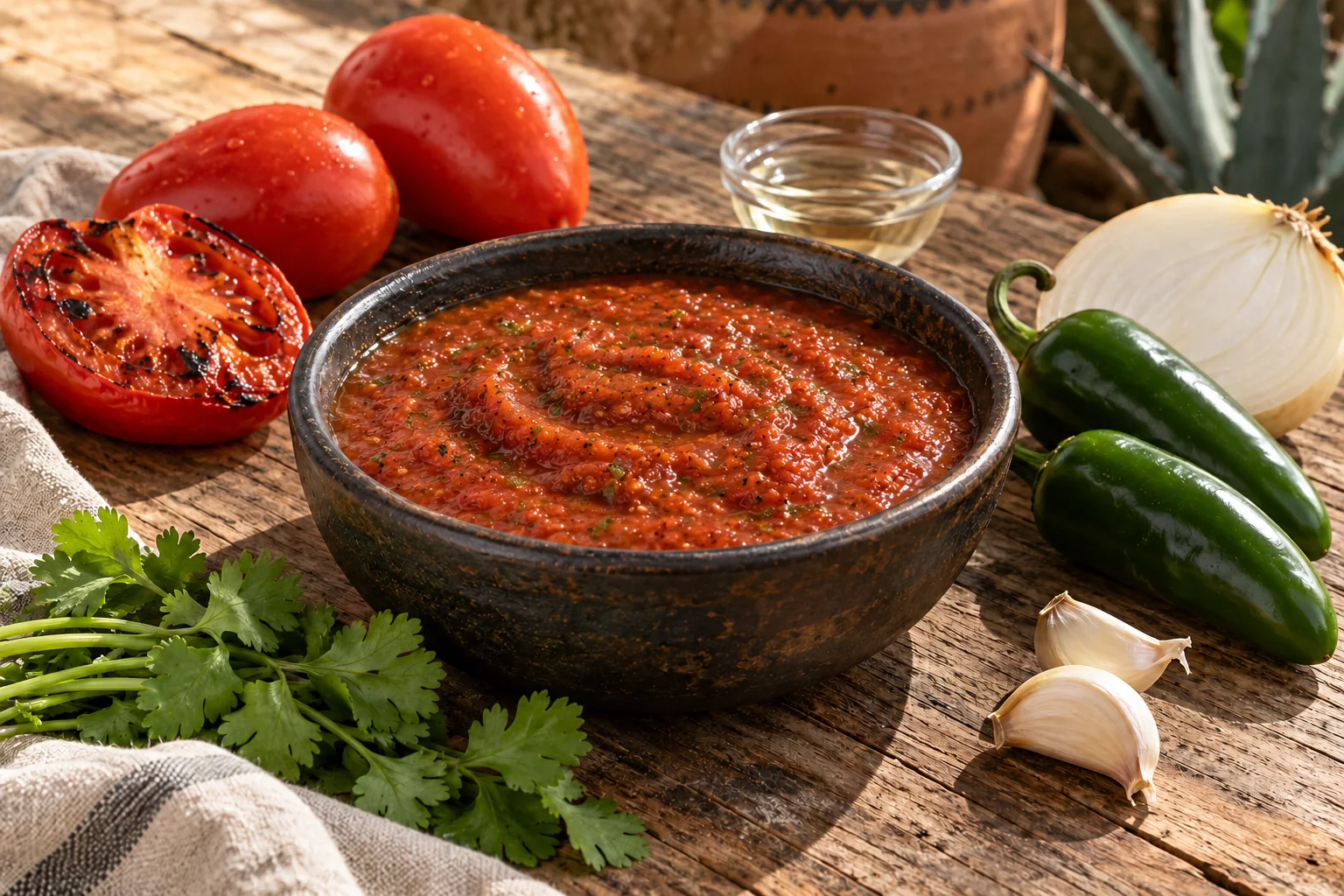 Smooth red salsa in a dark bowl with tomatoes, jalapeños, onion, garlic, cilantro, and vinegar alongside